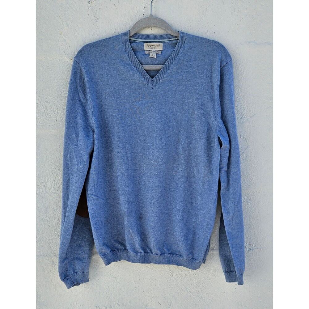 Banana Republic Sweater Mens Medium Baby‎ Blue Cotton Cashmere Suede Elbow Patch